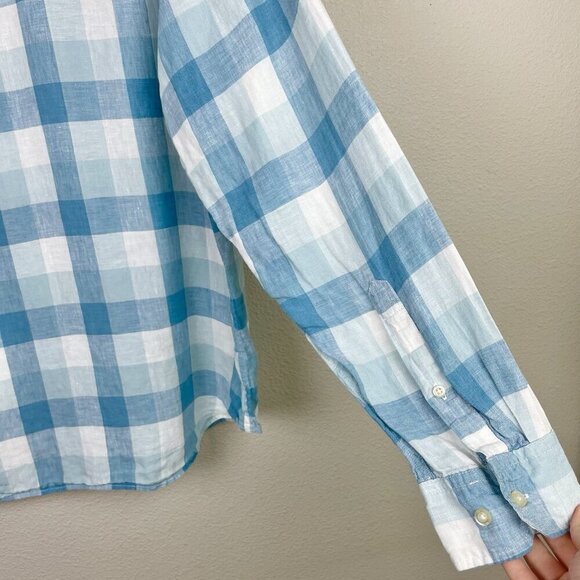 Banana Republic Men's Large Camden Fit 100% Linen Plaid Shirt Collare Button Blu - Picture 16 of 16